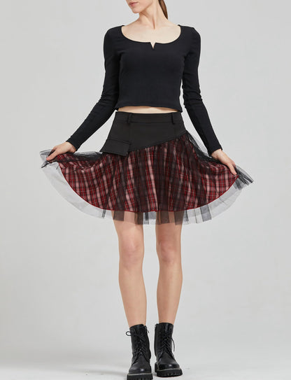 PUNK RAVE DAILY Gothic Skirts Goth Mini Plaid Skirt with Tulle Punk Dunk High Waist A-Line Party Skirt