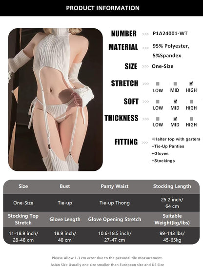 White Knit Sweater Lingerie Set Halter Crop Top with Garter Design, Sexy Cosplay Outfit