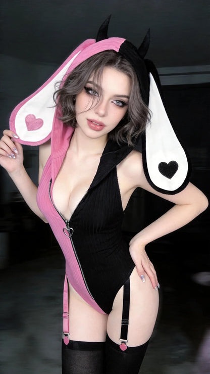 Demon Bunny Cosplay Lingerie Striped Bodysuit | Bunny Lingerie, Exotic Costumes, Demon Bunny, Jail Costume, Striped Costume, Halloween Costume, Festival Outfit