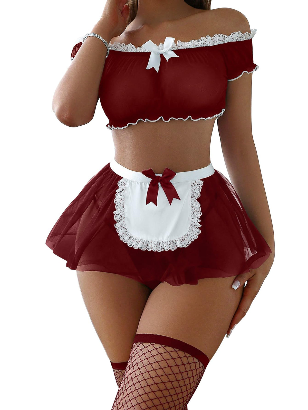 Sexy Lingerie Set 4 Piece Maid Costume with Thong 3XS-6XL | Mini Skirt with Fishnet Stockings Outfits Mesh Sheer Lace Halloween Christmas Valentine Day Boudoir