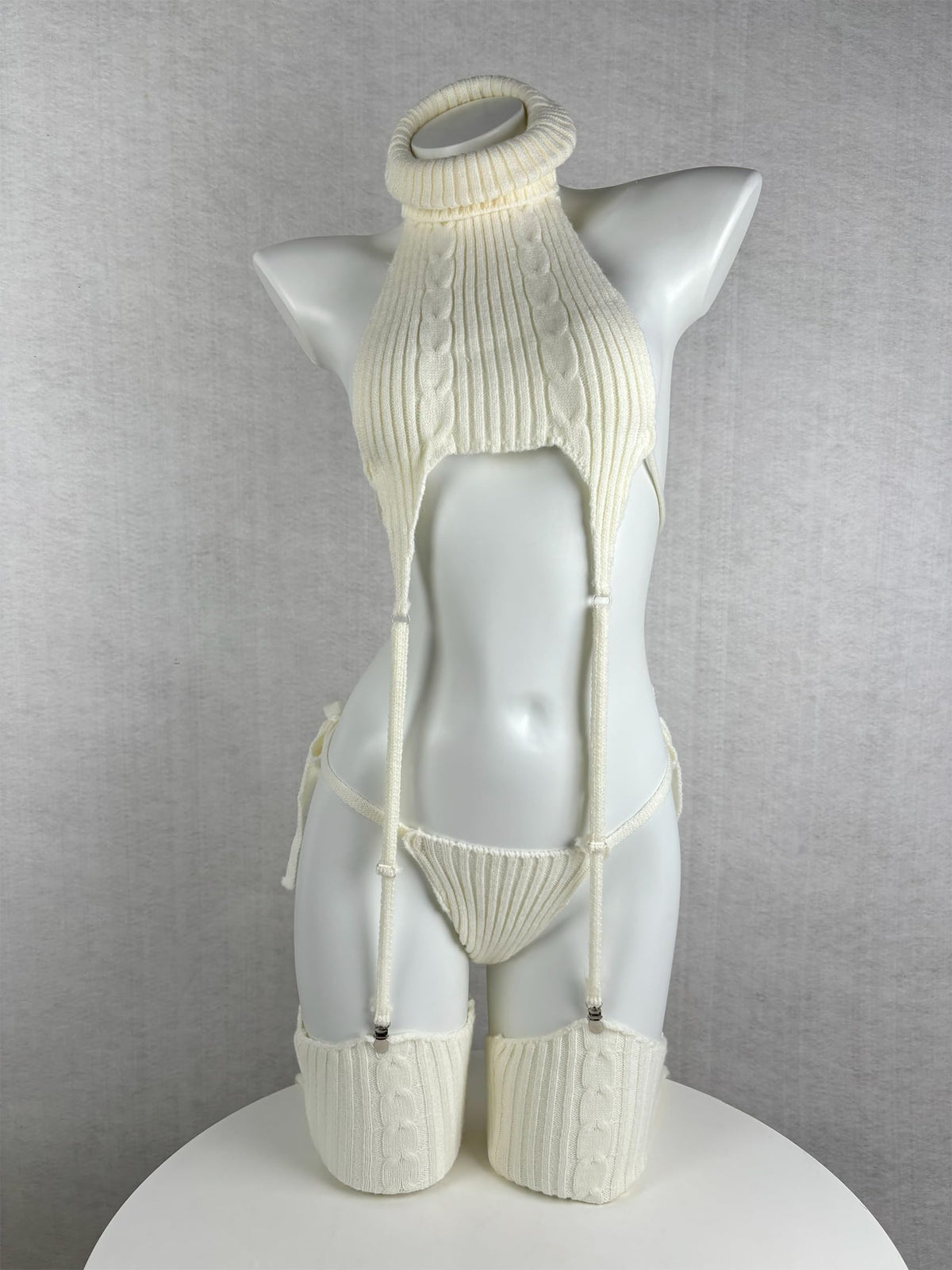 White Knit Sweater Lingerie Set Halter Crop Top with Garter Design, Sexy Cosplay Outfit