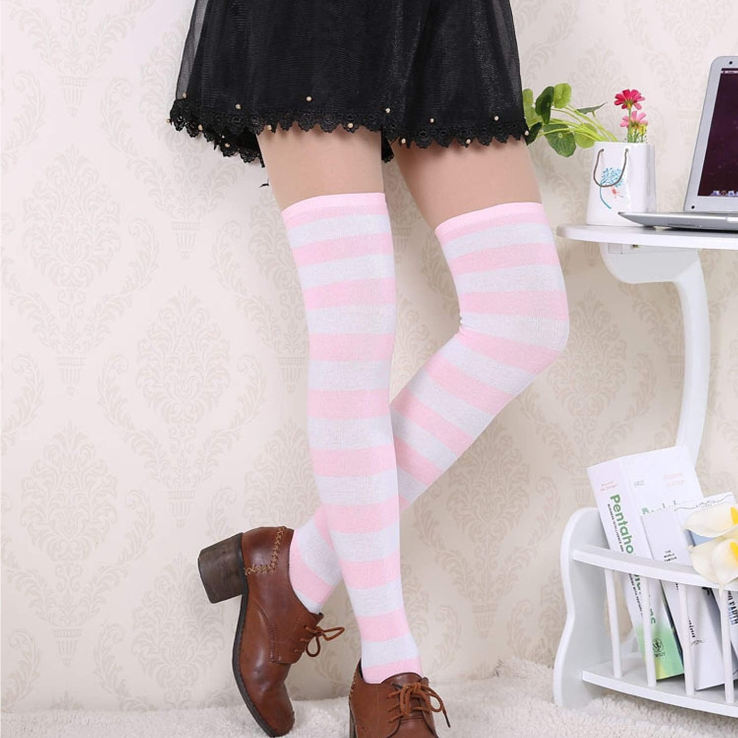 DRESHOW 6 Pairs High Thigh Socks Striped Over Knee Thin Tights Long Stocking Leg Warmer