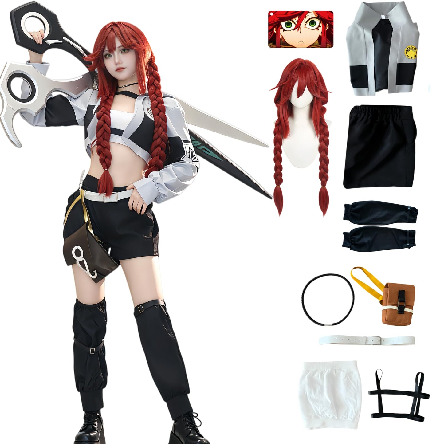 Gachiakuta Cosplay Riyo Full Set Anime Costume Women Jacket With Wig | Gachiakuta Anime Costume Outfit Riyo Reaper Full Set Cosplay Women Short Coat with Black Shoulder Straps for Halloween