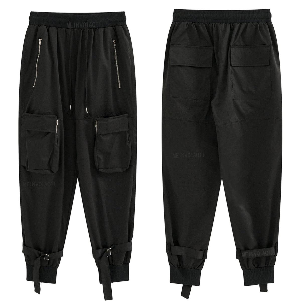 Black Cargo Pants Loose Chained Multi-Pocket Multi-Zip Punk Goth Pants