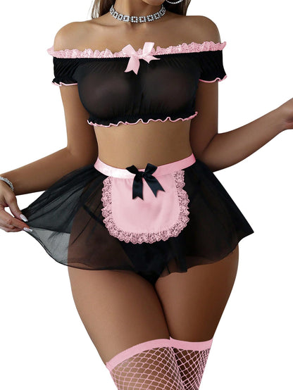 Sexy Lingerie Set 4 Piece Maid Costume with Thong 3XS-6XL | Mini Skirt with Fishnet Stockings Outfits Mesh Sheer Lace Halloween Christmas Valentine Day Boudoir