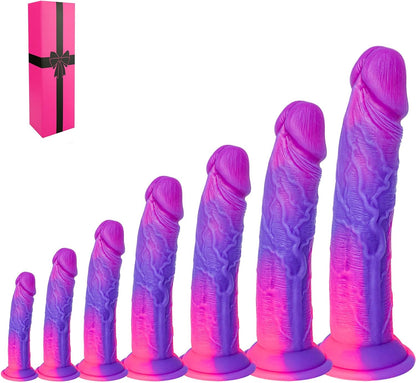 7-Piece Realistic Soft Silicone Dildo Set (5", 6", 7", 8", 9",10",12"), Fantasy Suction Cup Dildo Anal Plug Training Set, Small Big Dildos Strap-On Sex Toys for Women Men Beginners to Advanced Users
