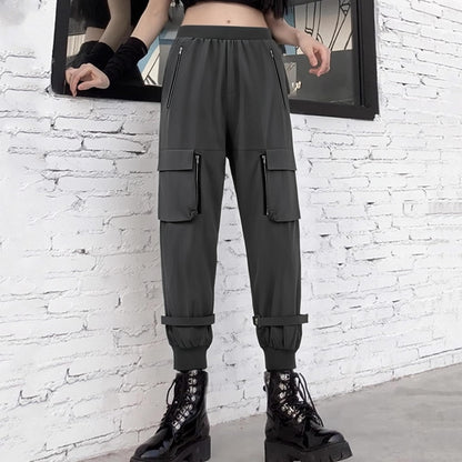 Black Cargo Pants Loose Chained Multi-Pocket Multi-Zip Punk Goth Pants