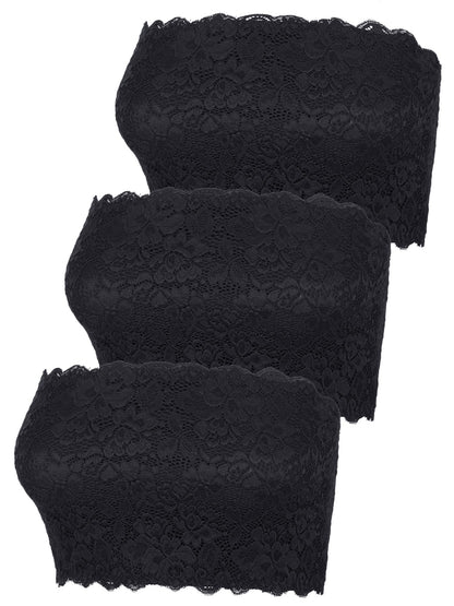 Boao 3 Pieces Women's Floral Lace Tube Top Bandeau Strapless Bras Seamless Stretchy Chest Wrap