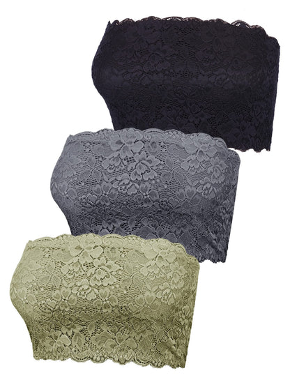 Boao 3 Pieces Women's Floral Lace Tube Top Bandeau Strapless Bras Seamless Stretchy Chest Wrap