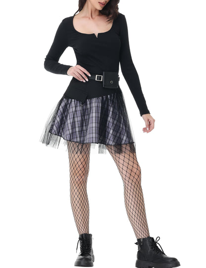 PUNK RAVE DAILY Gothic Skirts Goth Mini Plaid Skirt with Tulle Punk Dunk High Waist A-Line Party Skirt