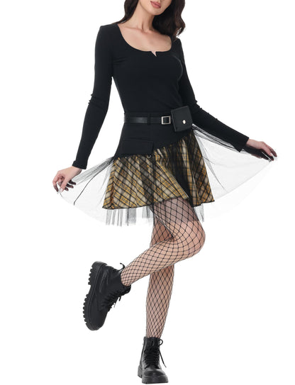 PUNK RAVE DAILY Gothic Skirts Goth Mini Plaid Skirt with Tulle Punk Dunk High Waist A-Line Party Skirt