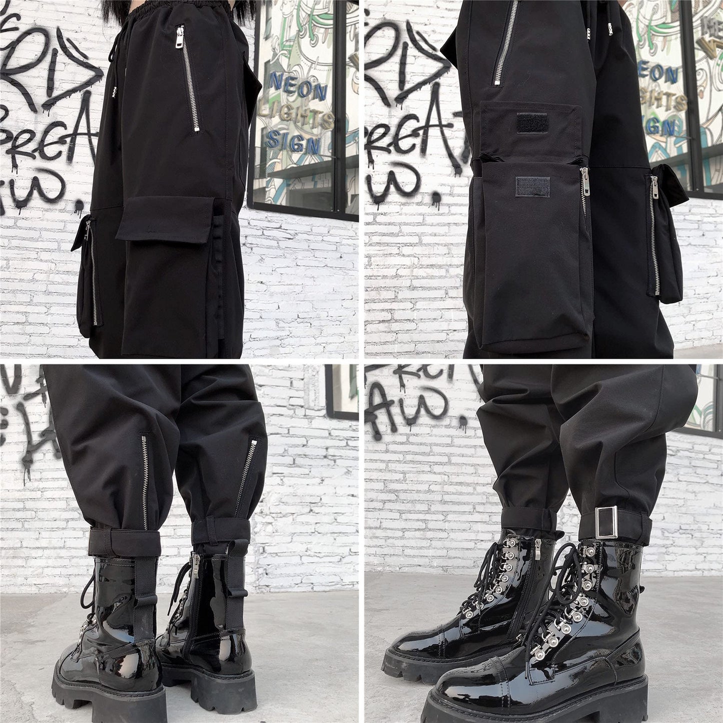 Black Cargo Pants Loose Chained Multi-Pocket Multi-Zip Punk Goth Pants