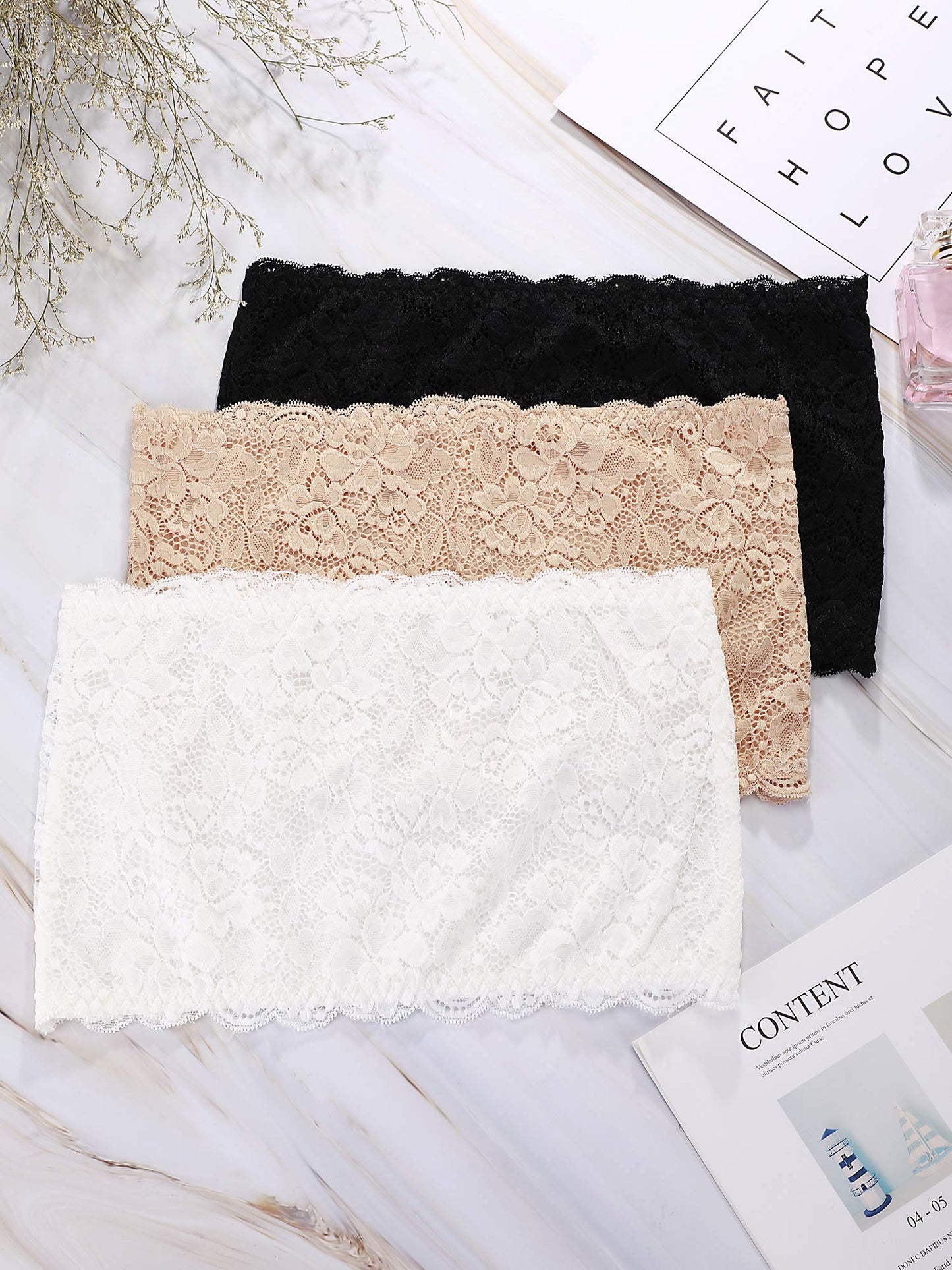 Boao 3 Pieces Women's Floral Lace Tube Top Bandeau Strapless Bras Seamless Stretchy Chest Wrap