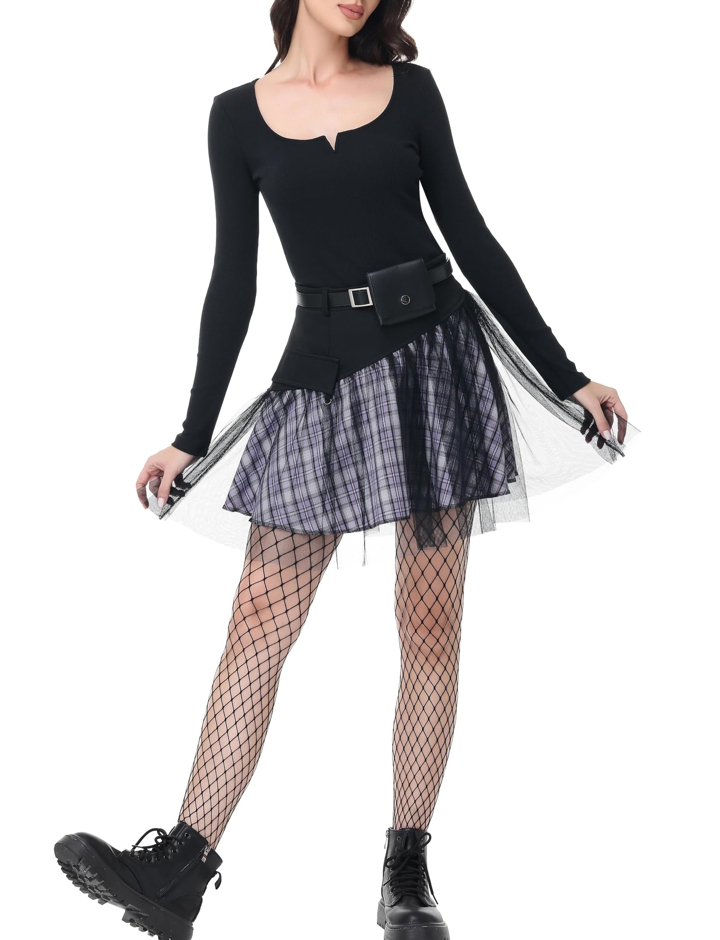 PUNK RAVE DAILY Gothic Skirts Goth Mini Plaid Skirt with Tulle Punk Dunk High Waist A-Line Party Skirt