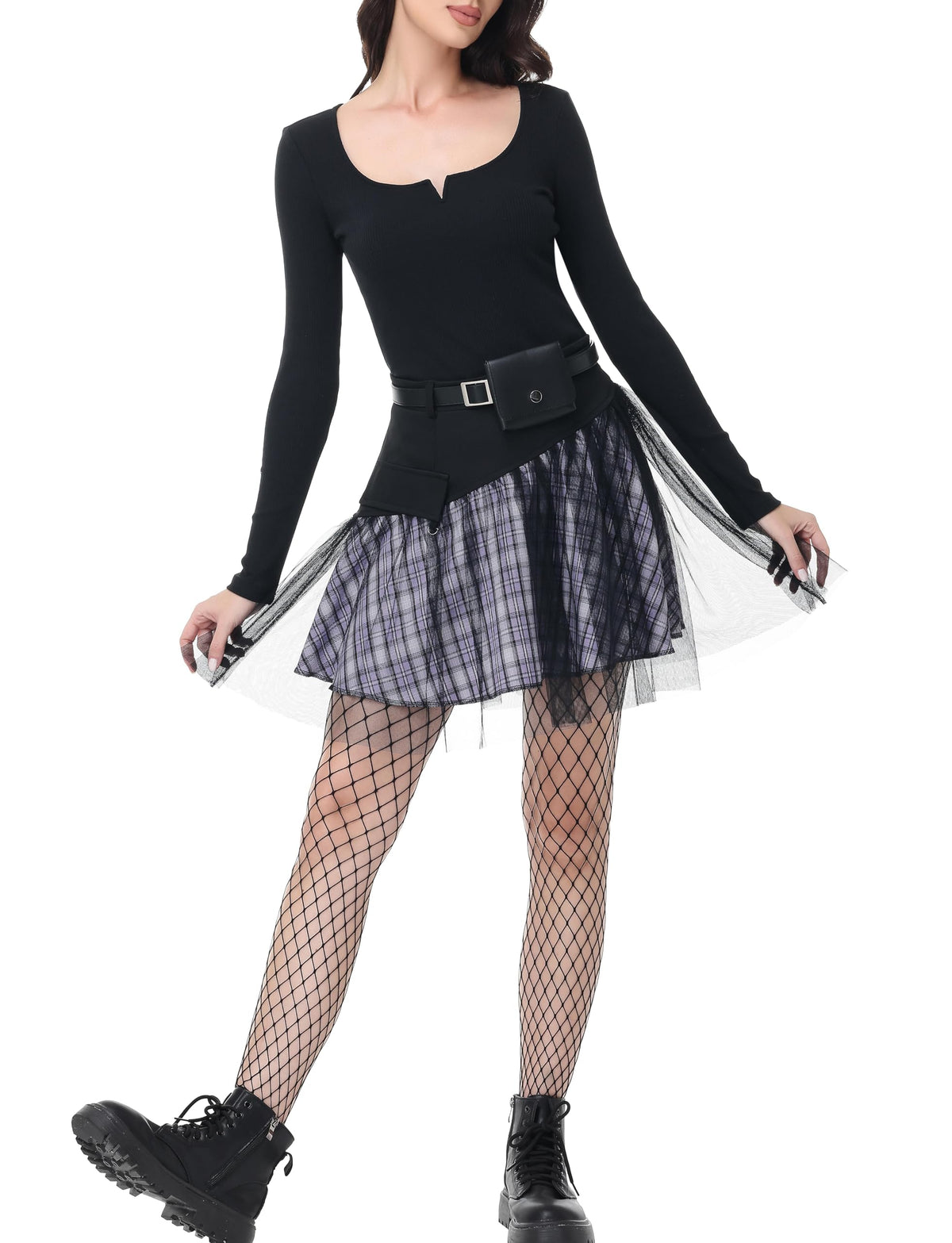 PUNK RAVE DAILY Gothic Skirts Goth Mini Plaid Skirt with Tulle Punk Dunk High Waist A-Line Party Skirt