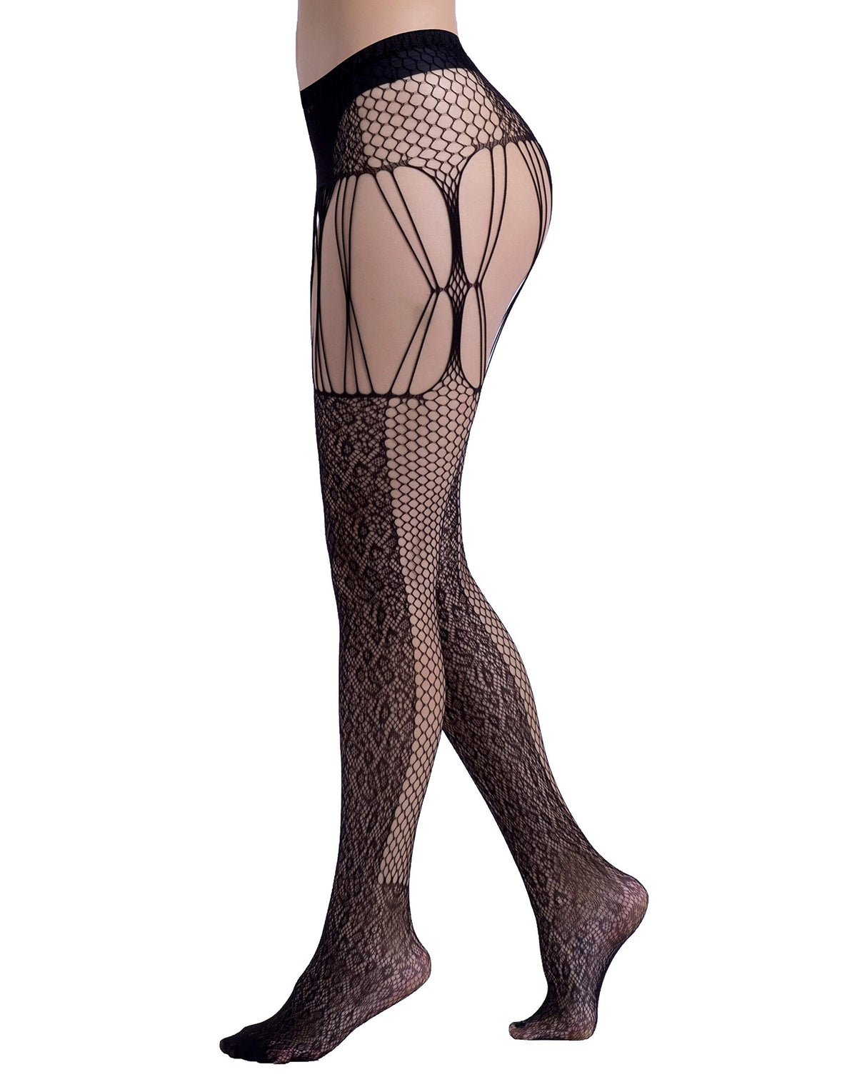 High Waist Fishnet Tights Suspenders Pantyhose Thigh High Stockings Black