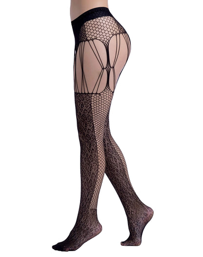 High Waist Fishnet Tights Suspenders Pantyhose Thigh High Stockings Black