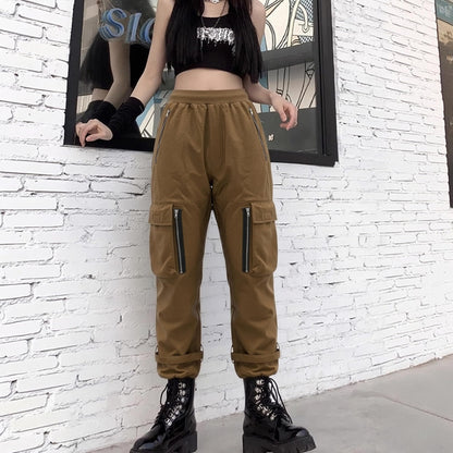 Black Cargo Pants Loose Chained Multi-Pocket Multi-Zip Punk Goth Pants