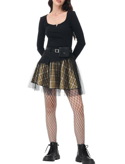 PUNK RAVE DAILY Gothic Skirts Goth Mini Plaid Skirt with Tulle Punk Dunk High Waist A-Line Party Skirt