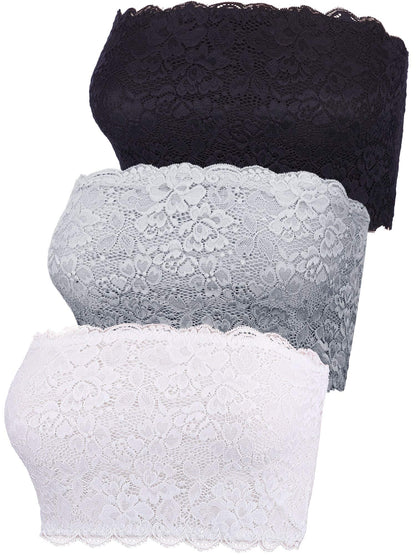 Boao 3 Pieces Women's Floral Lace Tube Top Bandeau Strapless Bras Seamless Stretchy Chest Wrap