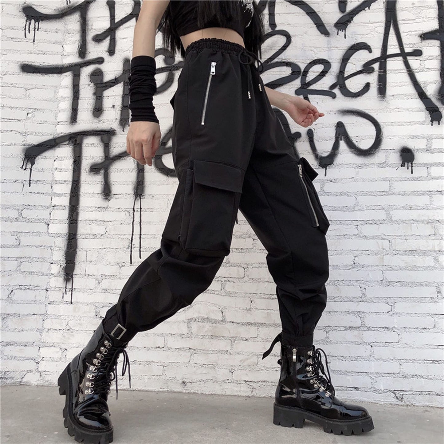Black Cargo Pants Loose Chained Multi-Pocket Multi-Zip Punk Goth Pants
