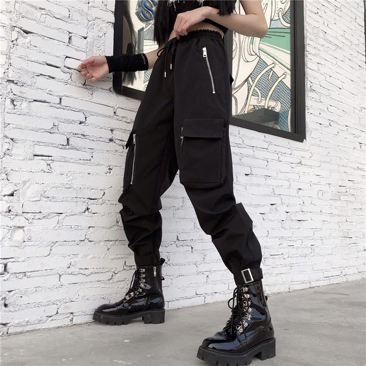 Black Cargo Pants Loose Chained Multi-Pocket Multi-Zip Punk Goth Pants