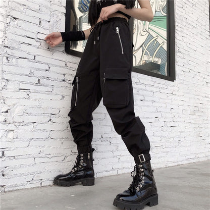 Black Cargo Pants Loose Chained Multi-Pocket Multi-Zip Punk Goth Pants