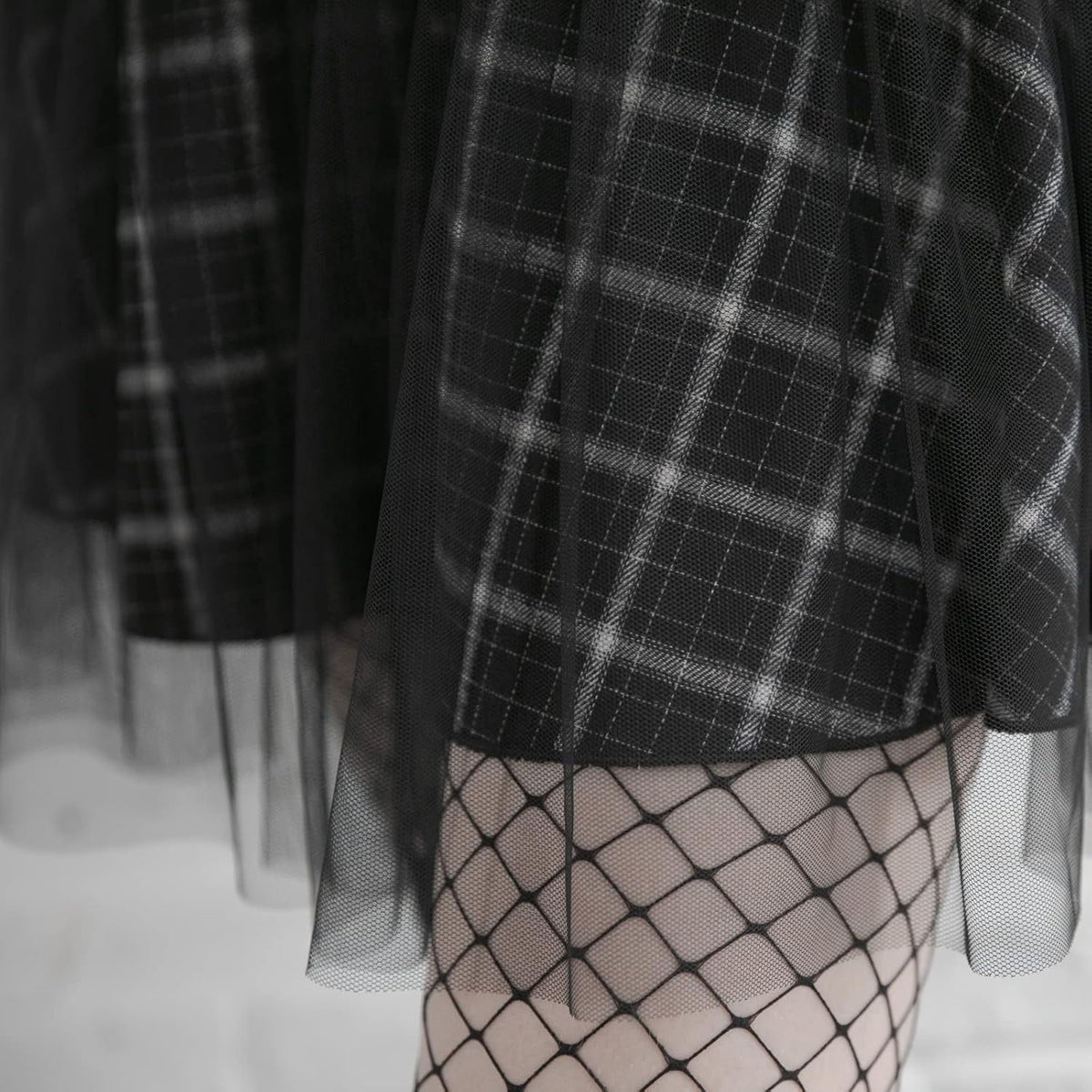 PUNK RAVE DAILY Gothic Skirts Goth Mini Plaid Skirt with Tulle Punk Dunk High Waist A-Line Party Skirt