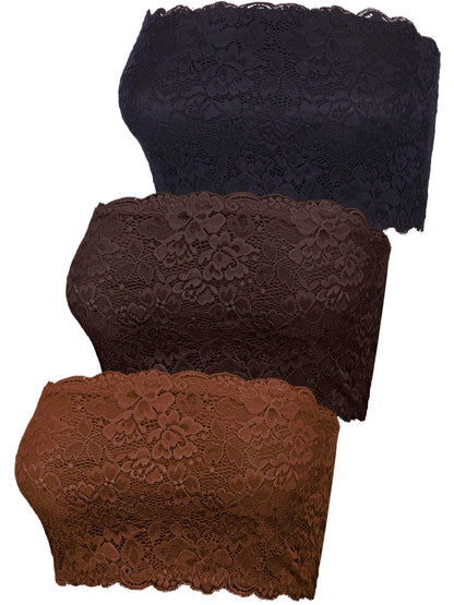 Boao 3 Pieces Women's Floral Lace Tube Top Bandeau Strapless Bras Seamless Stretchy Chest Wrap