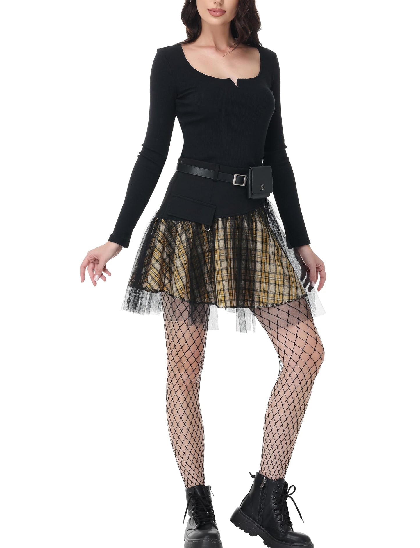 PUNK RAVE DAILY Gothic Skirts Goth Mini Plaid Skirt with Tulle Punk Dunk High Waist A-Line Party Skirt