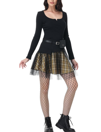 PUNK RAVE DAILY Gothic Skirts Goth Mini Plaid Skirt with Tulle Punk Dunk High Waist A-Line Party Skirt