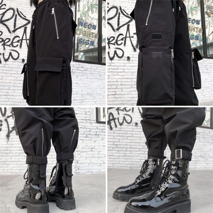 Black Cargo Pants Loose Chained Multi-Pocket Multi-Zip Punk Goth Pants