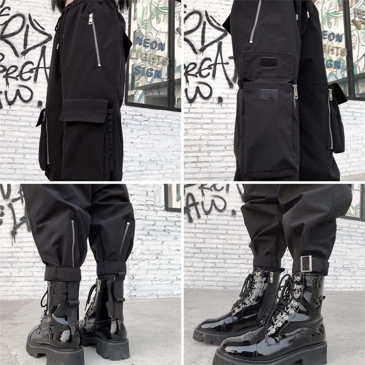 Black Cargo Pants Loose Chained Multi-Pocket Multi-Zip Punk Goth Pants