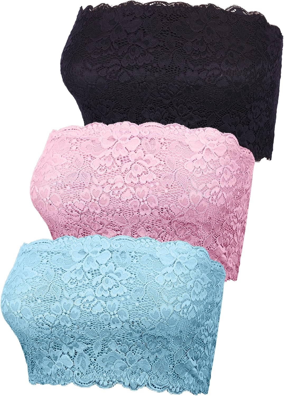 Boao 3 Pieces Women's Floral Lace Tube Top Bandeau Strapless Bras Seamless Stretchy Chest Wrap