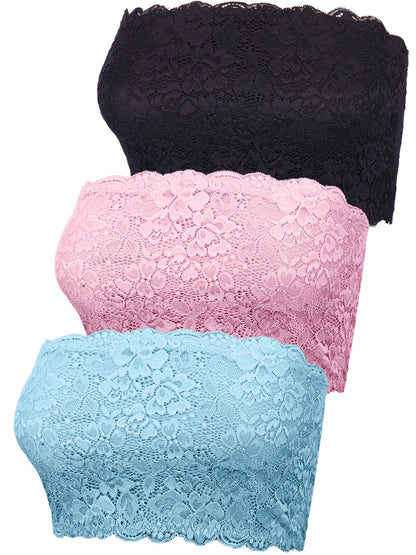 Boao 3 Pieces Women's Floral Lace Tube Top Bandeau Strapless Bras Seamless Stretchy Chest Wrap