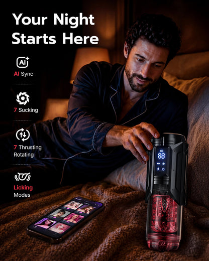 Male Masturbator Sex Toy for Men with Phone Holder Penis Pump | AI Sync 7 Sucking & 7 Thrusting Rotating Licking Mode, Waterproof Pocket Pussy Male Sex Toys with Suction Base Bath Item