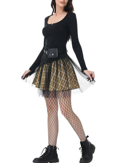 PUNK RAVE DAILY Gothic Skirts Goth Mini Plaid Skirt with Tulle Punk Dunk High Waist A-Line Party Skirt