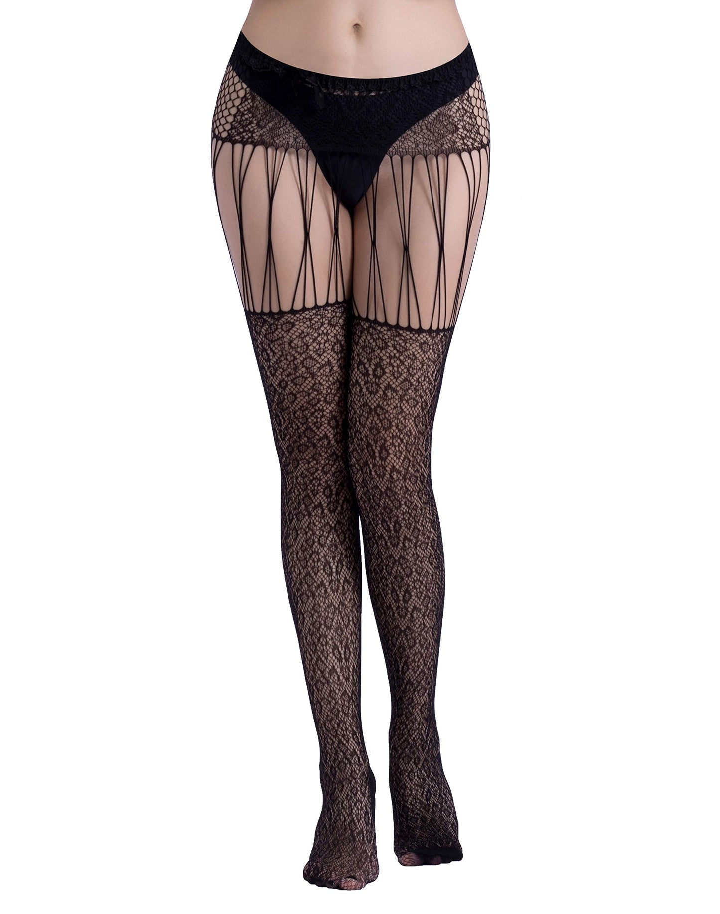 High Waist Fishnet Tights Suspenders Pantyhose Thigh High Stockings Black
