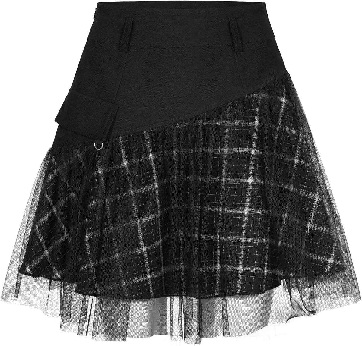 PUNK RAVE DAILY Gothic Skirts Goth Mini Plaid Skirt with Tulle Punk Dunk High Waist A-Line Party Skirt