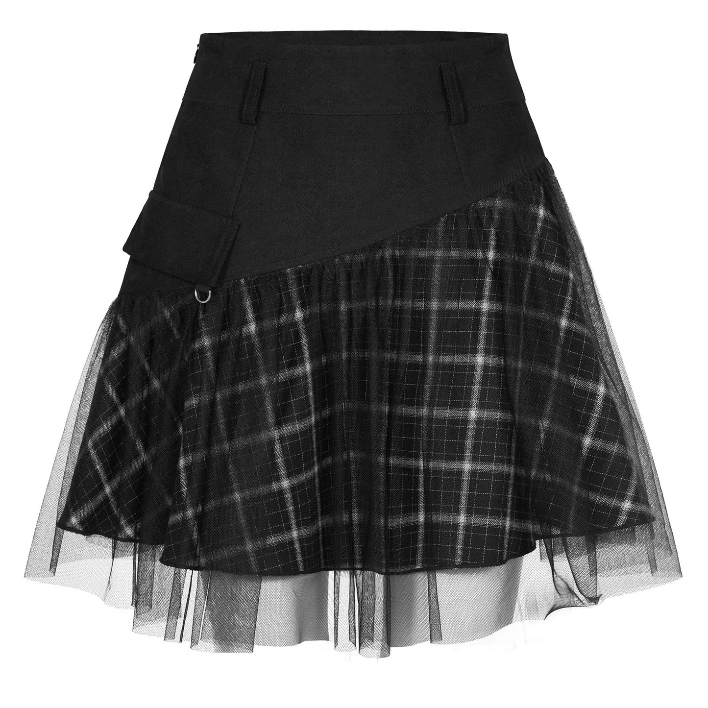PUNK RAVE DAILY Gothic Skirts Goth Mini Plaid Skirt with Tulle Punk Dunk High Waist A-Line Party Skirt