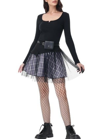PUNK RAVE DAILY Gothic Skirts Goth Mini Plaid Skirt with Tulle Punk Dunk High Waist A-Line Party Skirt