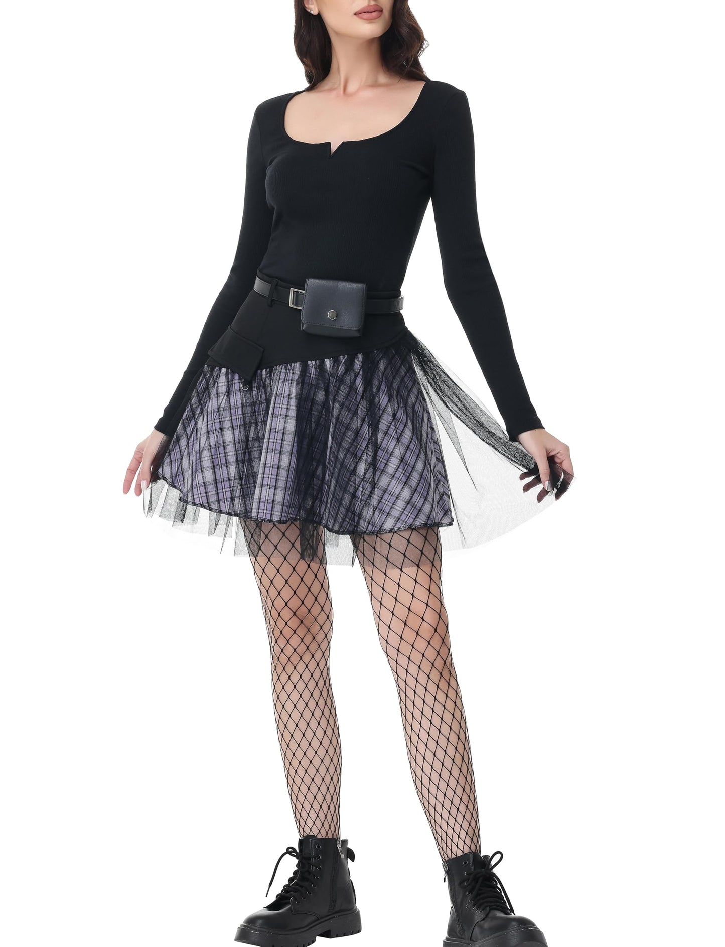 PUNK RAVE DAILY Gothic Skirts Goth Mini Plaid Skirt with Tulle Punk Dunk High Waist A-Line Party Skirt
