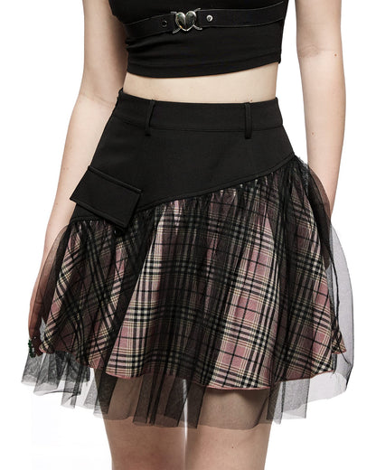 PUNK RAVE DAILY Gothic Skirts Goth Mini Plaid Skirt with Tulle Punk Dunk High Waist A-Line Party Skirt