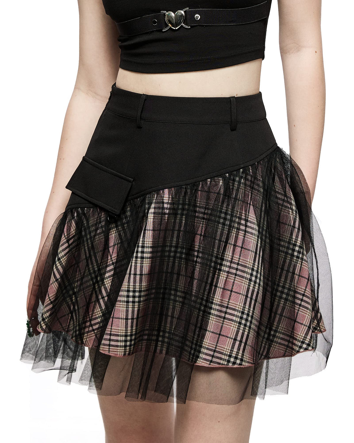 PUNK RAVE DAILY Gothic Skirts Goth Mini Plaid Skirt with Tulle Punk Dunk High Waist A-Line Party Skirt