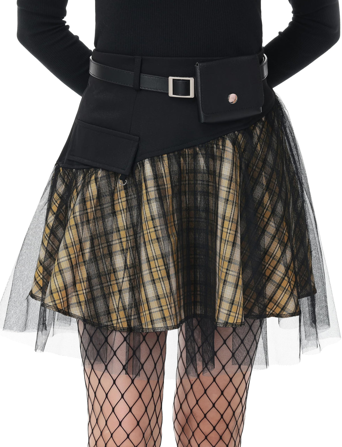 PUNK RAVE DAILY Gothic Skirts Goth Mini Plaid Skirt with Tulle Punk Dunk High Waist A-Line Party Skirt