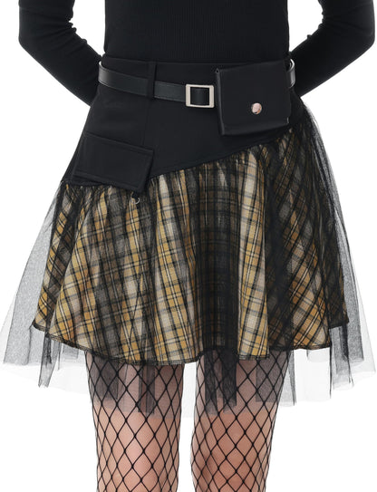 PUNK RAVE DAILY Gothic Skirts Goth Mini Plaid Skirt with Tulle Punk Dunk High Waist A-Line Party Skirt