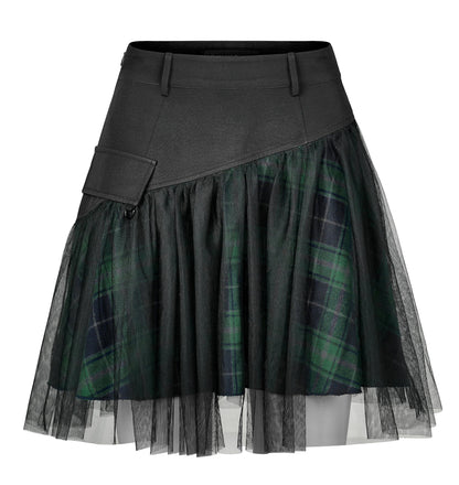 PUNK RAVE DAILY Gothic Skirts Goth Mini Plaid Skirt with Tulle Punk Dunk High Waist A-Line Party Skirt