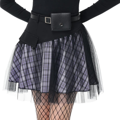 PUNK RAVE DAILY Gothic Skirts Goth Mini Plaid Skirt with Tulle Punk Dunk High Waist A-Line Party Skirt